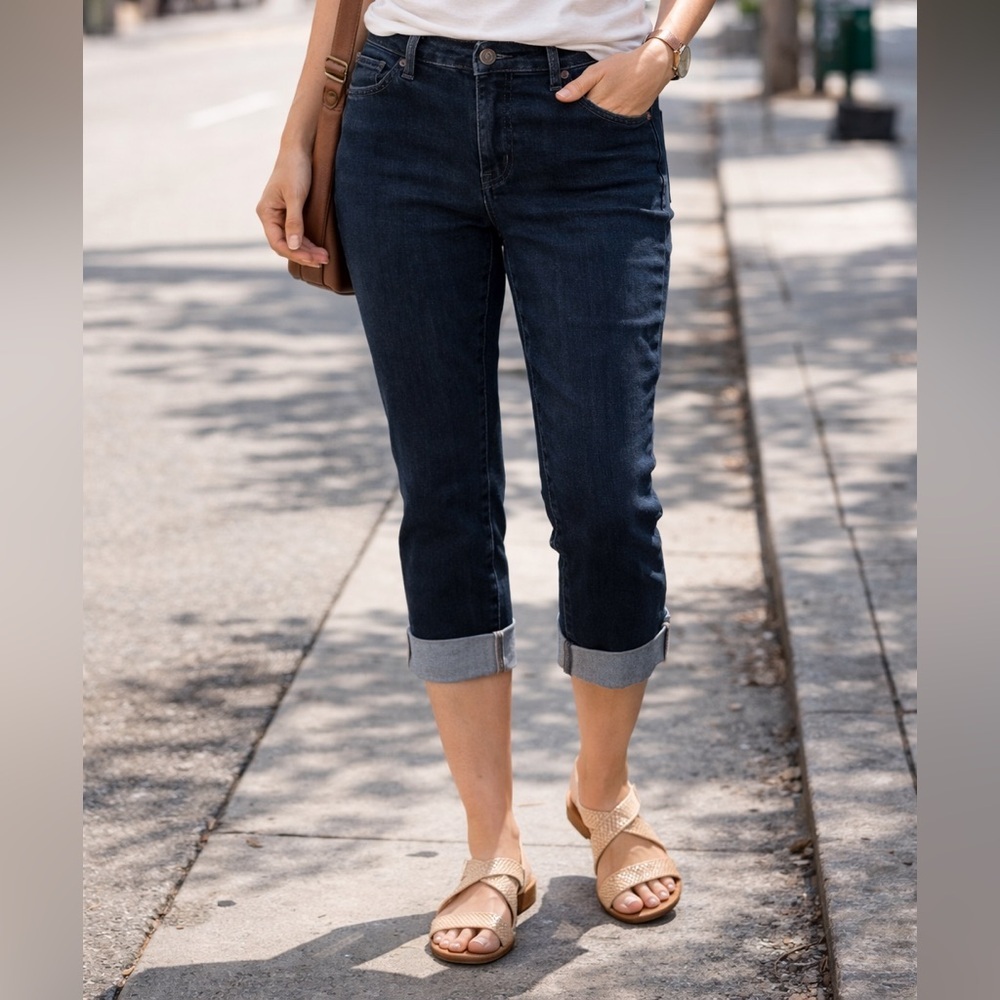 Lee Easy Fit Dark Wash Denim Capris | Mid Rise Stretch Cuffed Jeans Women’s 14L